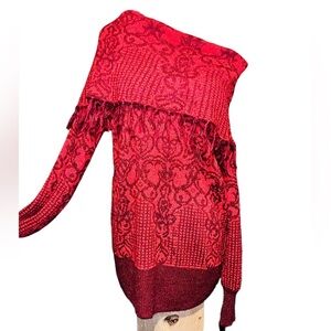 Knox Rose Womens Pullover Red Damask Long Sleeves Drape Neck Fringe Sweater L